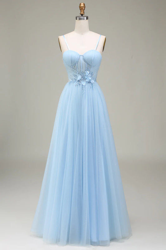 AerbaDress Sparkly Light Blue A-Line Tulle Prom Dress With Appliques