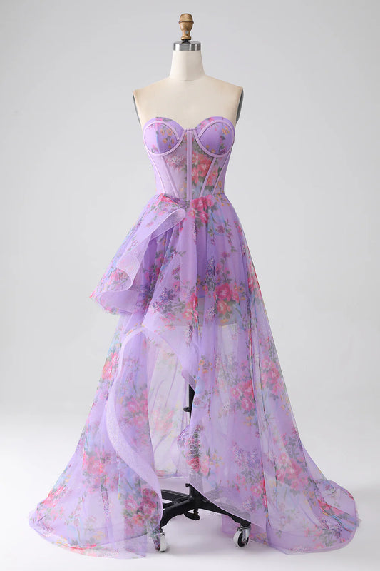 AerbaDress Purple Printed Strapless Corset Prom Dress