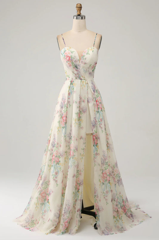 AerbaDress A-Line Flower Printed Ivory Prom Dress with Slit