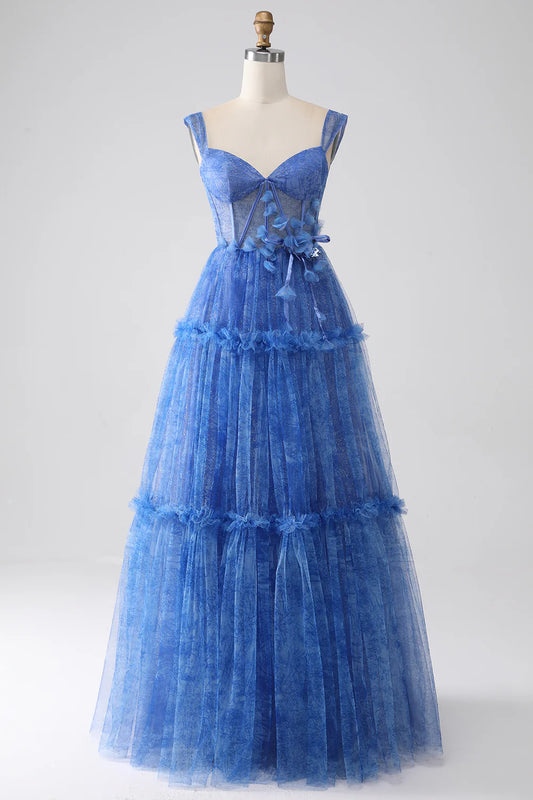 AerbaDress Blue Printed A Line Tulle Corset Prom Dress