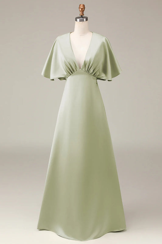 AerbaDress Dusty Sage V-neck Short Sleeves A-line Satin Bridesmaid Dress