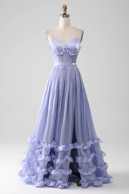 AerbaDress Lavender Spaghetti Straps A Line Ruffles Prom Dress with Slit