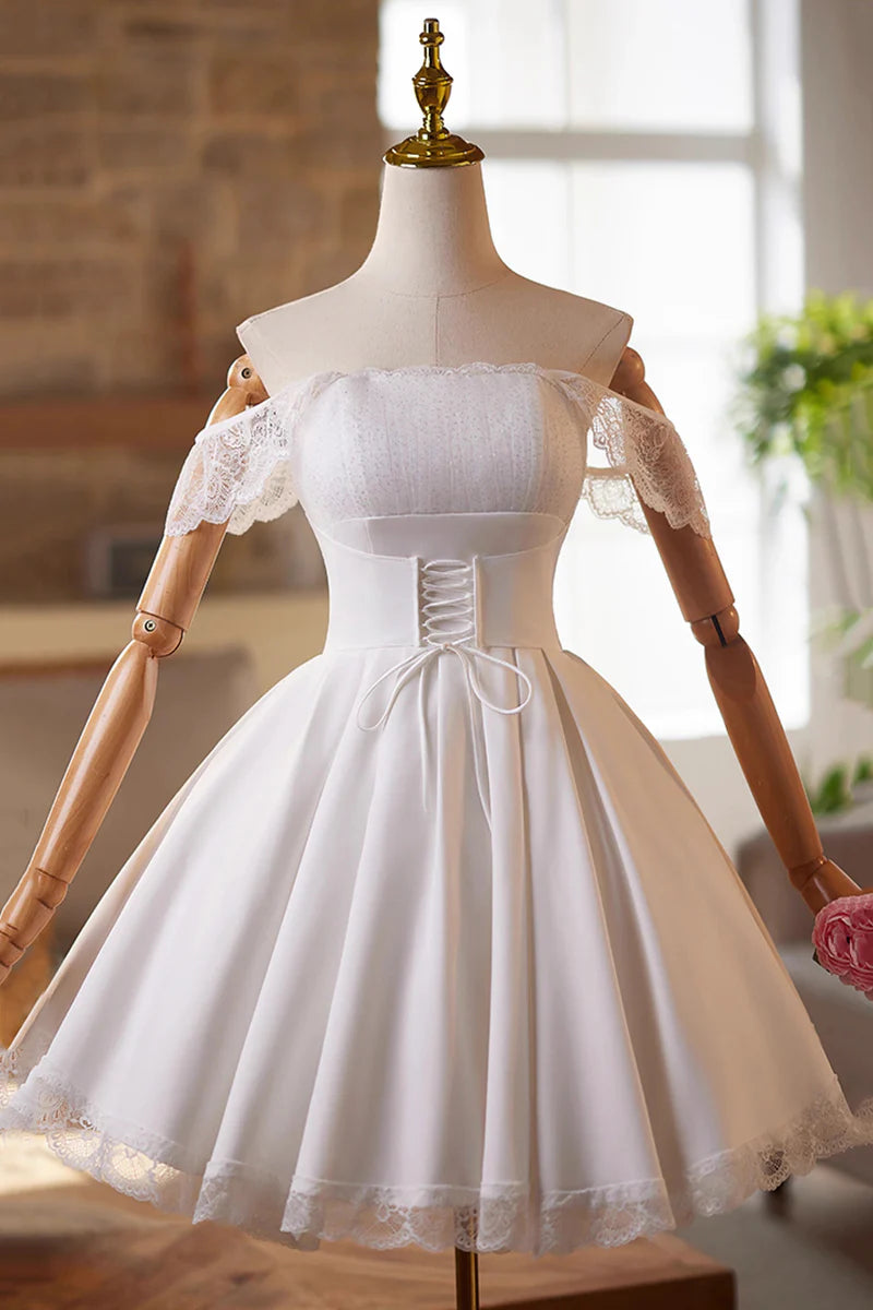 Lace White A-Line Square Neck Ruched Hem Cute Short Prom Dresses Formal Graduation Dress Homecoming Dresses