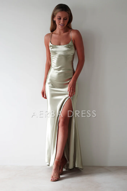 AERBA DRESS Prom Dress Figure Slimming Slip Dress Straight Neckline Low Back Adjustable Tie Straps Elegant Simple Formal Wear Dresses