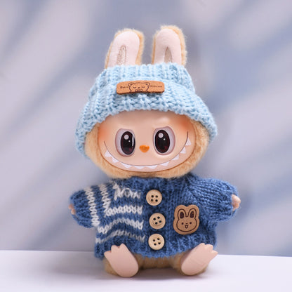 Handmade Labubu Outfit set rabbit button sweater teddy bear hat two-piece set (not including dolls)