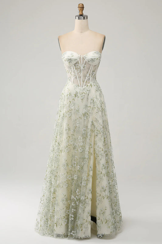 AerbaDress A-Line Light Green Corset Prom Dress with Embroidery
