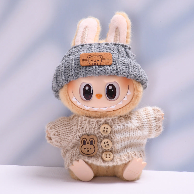 Handmade Labubu Outfit set rabbit button sweater teddy bear hat two-piece set (not including dolls)