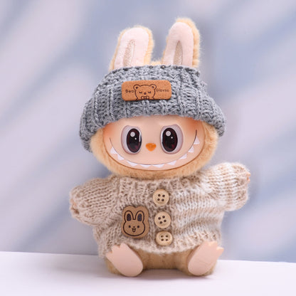 Handmade Labubu Outfit set rabbit button sweater teddy bear hat two-piece set (not including dolls)
