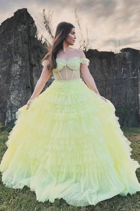 AerbaDress Off the Shoulder Prom Dresses Ruffle Layered Light Yellow Evening Dress