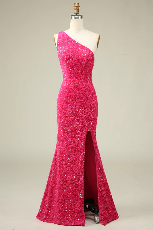 AerbaDress Mermaid One Shoulder Fuchsia Sequins Long Prom Dress with Split Front