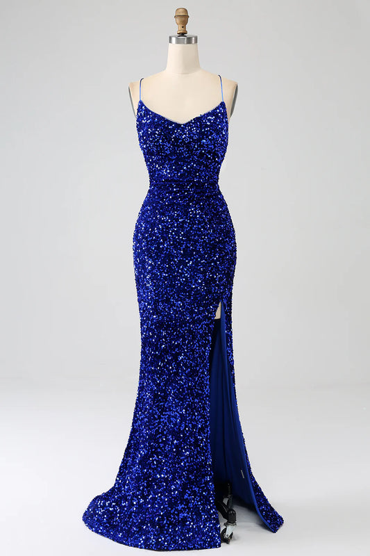 AerbaDress Fuchsia Mermaid Spaghetti Straps V-Neck Sequin Prom Dress With Split