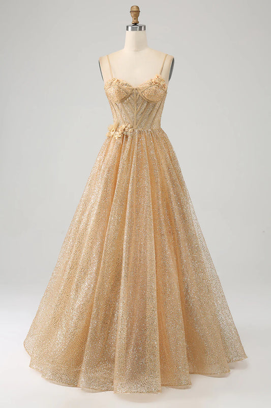 AerbaDress Glitter Golden Corset Long Prom Dress with Flowers