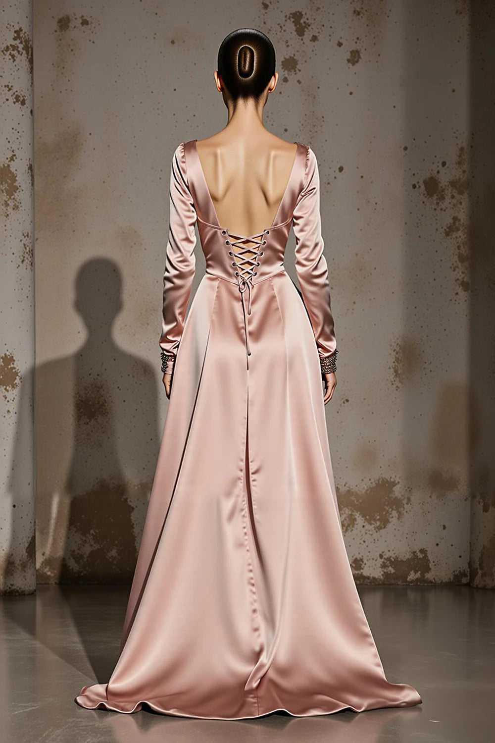 Light Pink Satin A Line Deep V-Neck with Long Sleeves Backless Exquisite Long Formal Dress Hot Sale Evening Dress