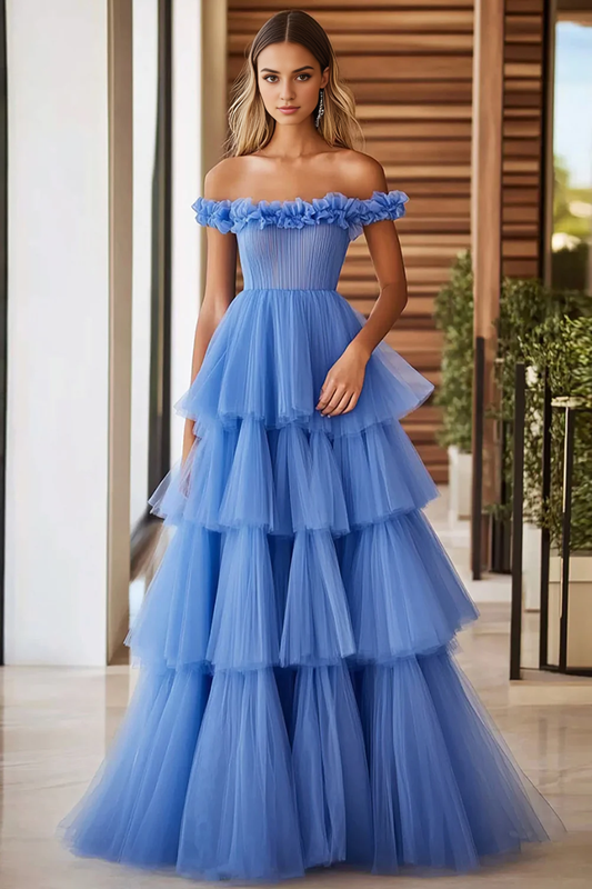 AERBA DRESS Formal Wear Dresses A Line Off The Shoulder Exquisite Pleated Tiered Long Prom Dress