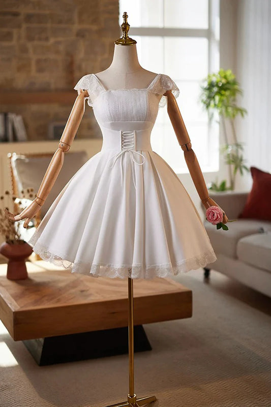Lace White A-Line Square Neck Ruched Hem Cute Short Prom Dresses Formal Graduation Dress Homecoming Dresses