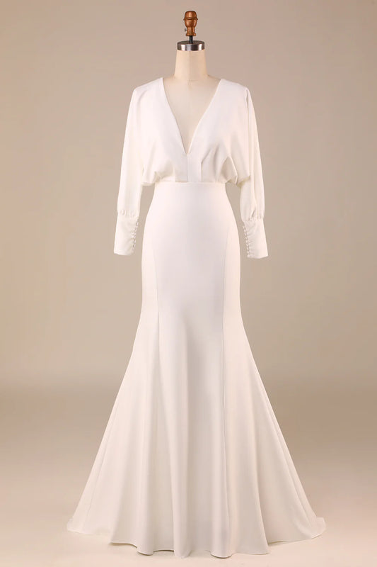 AerbaDress Simple Ivory Mermaid Long Sleeves Deep V-Neck Wedding Dress