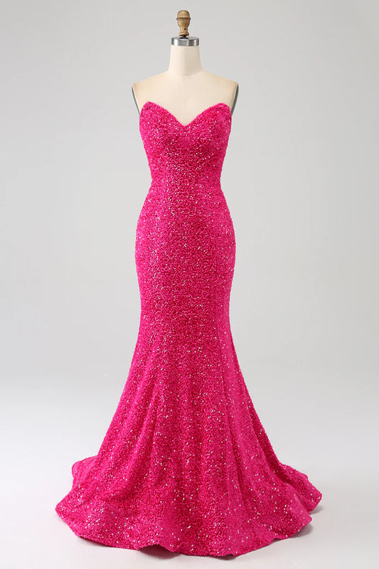 AerbaDress Bling Mermaid Sweetheart Hot Pink Sequins Long Prom Dress