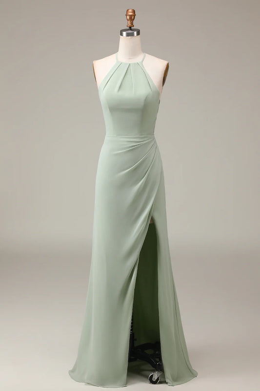 AerbaDress Matcha Halter Neck Sheath Pleated Bridesmaid Dress with Slit