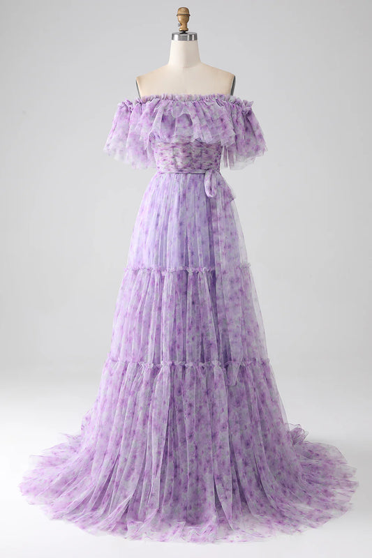 AerbaDress Lilac Floral Off the Shoulder Long Ruffled Prom Dress