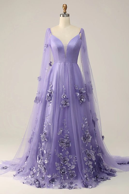 AerbaDress Purple Watteau Train Prom Dress With 3D Flowers