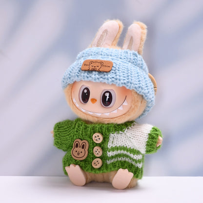 Handmade Labubu Outfit set rabbit button sweater teddy bear hat two-piece set (not including dolls)