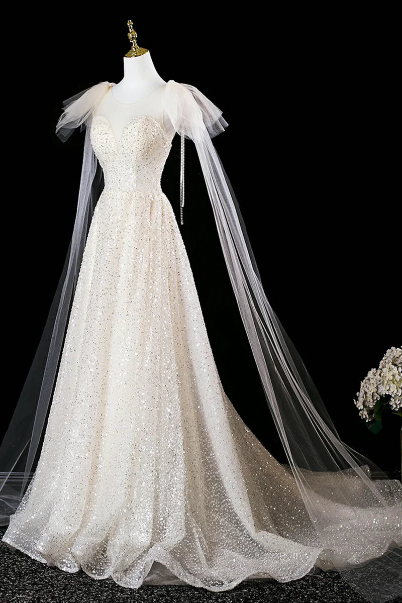 Champagne Tulle Sequins Shiny A-Line Round Neck Sleeveless With Ribbon Fashion Long Prom Dresses Formal Graduation Dress Evening Dresses