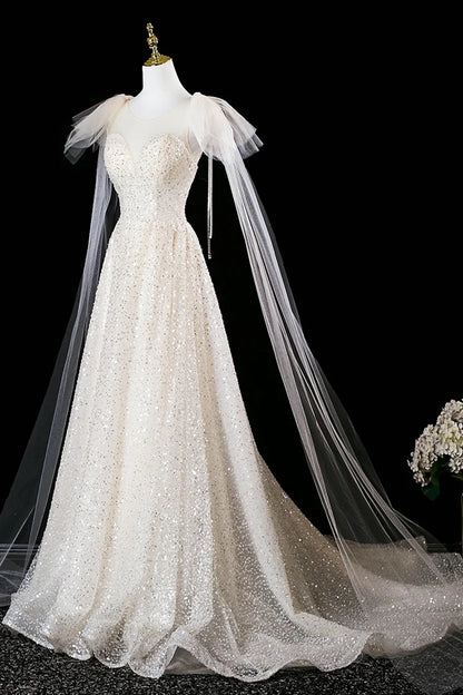 Champagne Tulle Sequins Shiny A-Line Round Neck Sleeveless With Ribbon Fashion Long Prom Dresses Formal Graduation Dress Evening Dresses