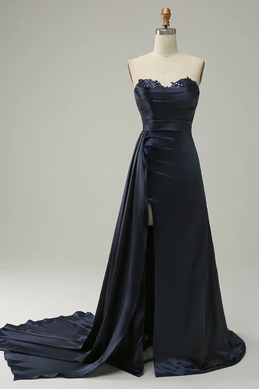 AerbaDress A Line Sweetheart Navy Long Prom Dress with Split Front