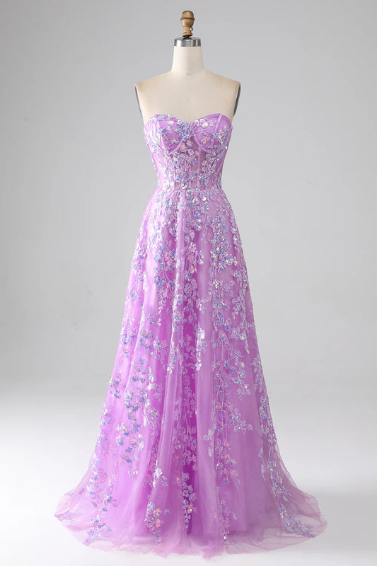 AerbaDress Purple A-Line Strapless Corset Prom Dress with Appliques