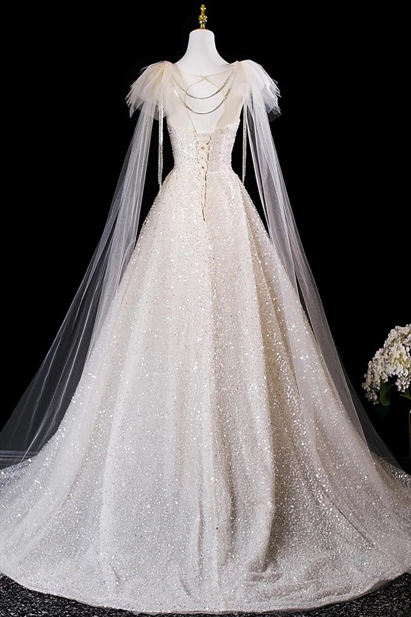 Champagne Tulle Sequins Shiny A-Line Round Neck Sleeveless With Ribbon Fashion Long Prom Dresses Formal Graduation Dress Evening Dresses