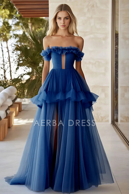 AERBA DRESS Formal Wear Dresses Fashion A Line Keyhole Long Fantastic Tulle With Slit Prom Dress