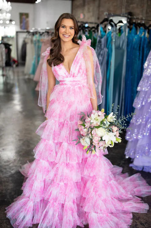 AerbaDress Pink Evening Dress Floral Printed V Neck Ruffle Tiered Long Prom Dresses