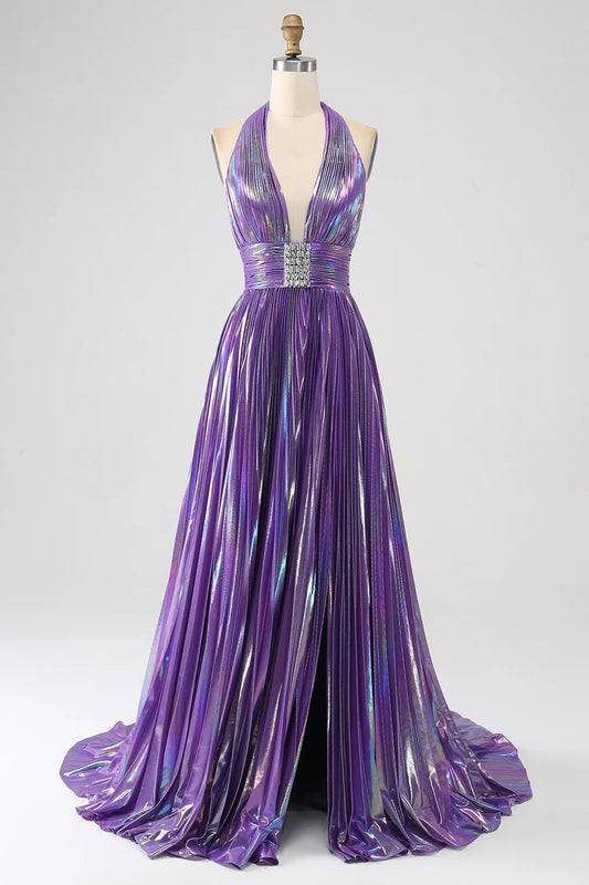 AerbaDress Glitter Purple Pleated Metallic Long Prom Dress with Slit