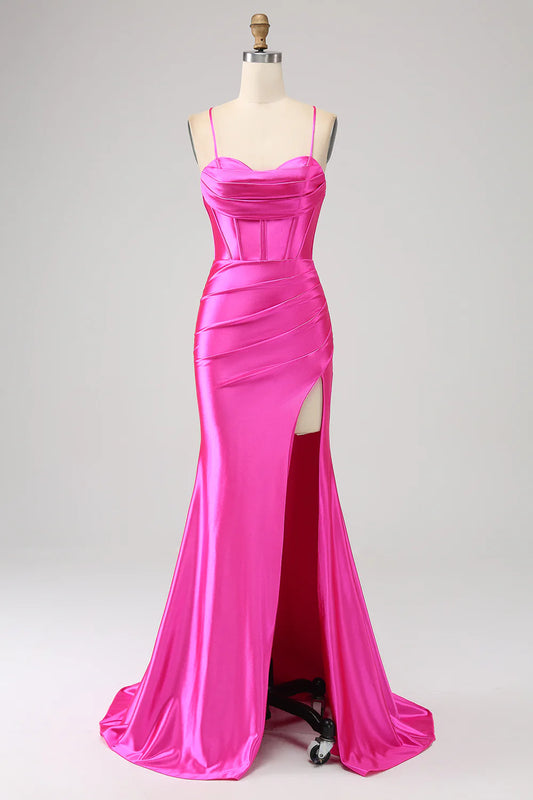 AerbaDress  Stunning Mermaid Spaghetti Straps Fuchsia Corset Prom Dress with Split Front