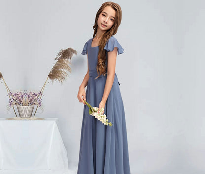 Girls' Formal Dress A-Line Square Neck Flowy Sleeve Floor-Length Chiffon Communion Dress Hot Sale Junior Bridesmaid Dress
