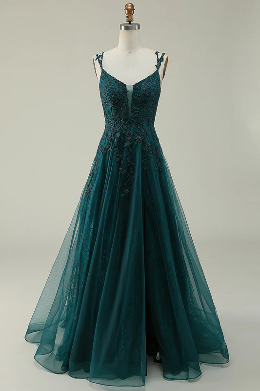 AerbaDress A Line Spaghetti Straps Dark Green Long Prom Dress with Appliques