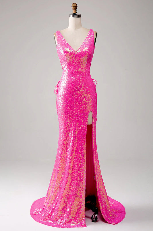 AerbaDress Sparkly Hot Pink Mermaid Prom Dress with Slit