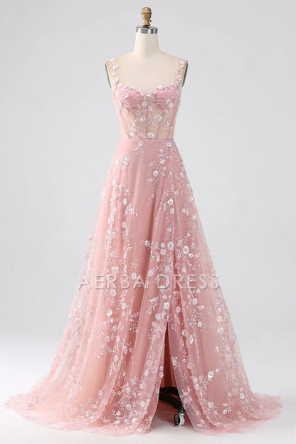 AERBA DRESS Formal Wear Dresses Exquisite A Line Spaghetti Straps Romantic Floral Corset Long With Slit Prom Dress