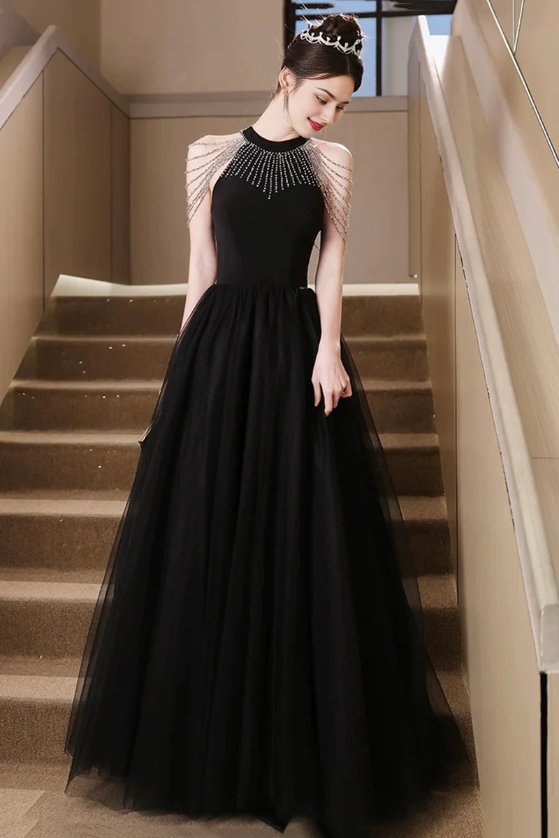 Elegant Black Tulle A-Line Halter Sleeveless Bead string Backless Beautiful Long Prom Dresses Formal Graduation Dress Evening Dresses