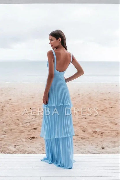AERBA DRESS Prom Dress A Line Chiffon Sleeveless Mid Waist Pleated Layering Fashion Dress Formal Wear Dresses