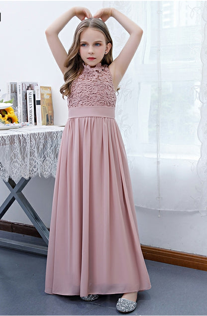 Girls' Formal Dress Exquisite A Line Sleeveless Lace Chiffon Girls Birthday Gown Long Hot Sale Junior Bridesmaid Dress