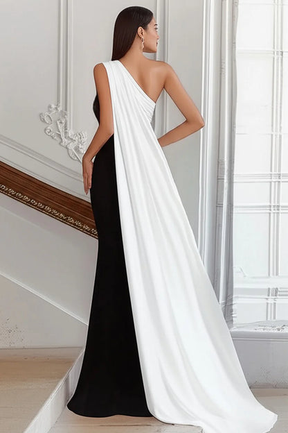 Black White Satin Sheath One Shoulder with Side Cape Pleated Fashion Long Formal Dress Hot Sale Evening Dress