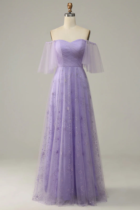 AerbaDress Off Shoulder Lavender Prom Dress with Ruffles