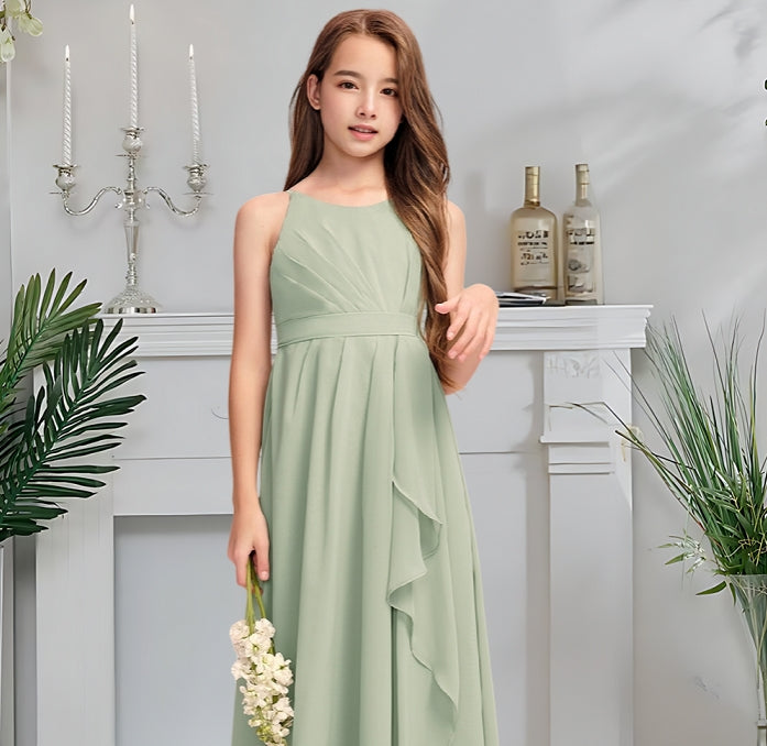 Girls' Formal Dress Elegant A-Line Scoop Neck Spaghetti Strap Floor-Length Chiffon With Cascading Ruffles Hot Sale Junior Bridesmaid Dress