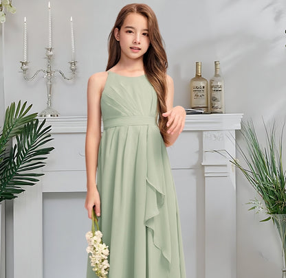 Girls' Formal Dress Elegant A-Line Scoop Neck Spaghetti Strap Floor-Length Chiffon With Cascading Ruffles Hot Sale Junior Bridesmaid Dress
