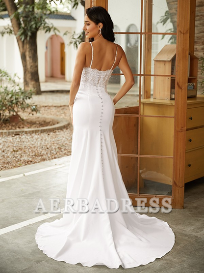 AERBA DRESS Mermaid Sheath/Column Stretch Crepe Lace V-neck Sleeveless Sweep/Brush Train Wedding Dresses Elegant Evening dress