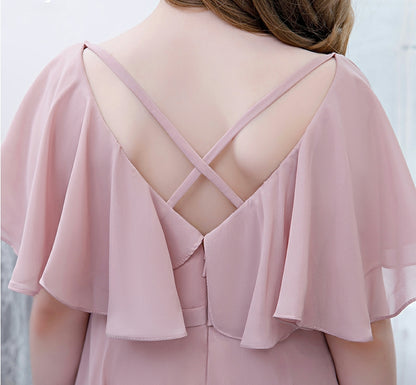 Girls' Formal Dress Elegant A Line V Neck Flowy Sleeves Long Chiffon Pleats Birthday Party Gowns Hot Sale Junior Bridesmaid Dress