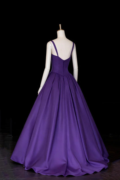 Stunning A Line Spaghetti Straps Sweetheart Neckline Beadwork Open Back Purple Satin Elegant Long Prom Dresses Formal Graduation Evening Dresses
