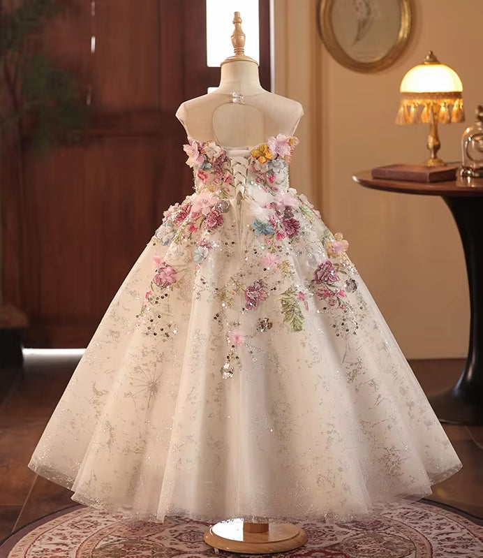 AERBA DRESS Wedding Flower Girl Dress Lace Flowers Sleeveless Princess Toddler Kids Wedding 1st Birthday Pageant Party Gown