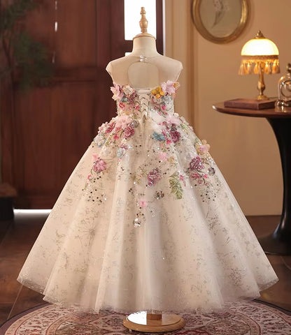 AERBA DRESS Wedding Flower Girl Dress Lace Flowers Sleeveless Princess Toddler Kids Wedding 1st Birthday Pageant Party Gown